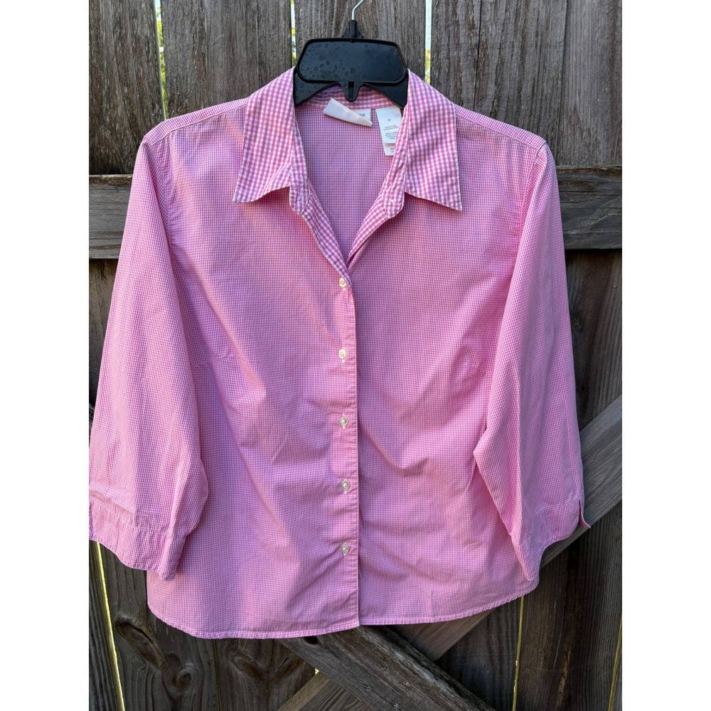 Liz Claiborne Lizsport Pink Gingham Cotton 3/4 Sleeve Button Down Shirt LSMU4169